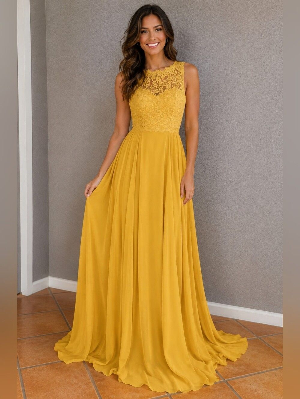 Stacees bridesmail‎ marigold with lace & sheer Maxi dress NWT